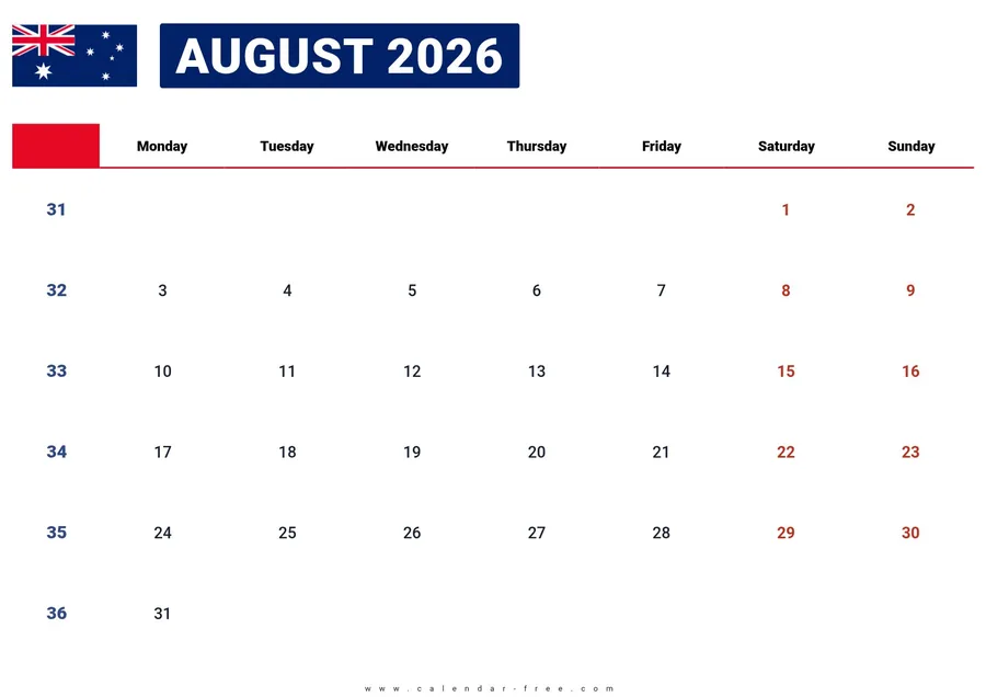 August 2026 calendar Australia with public holidays