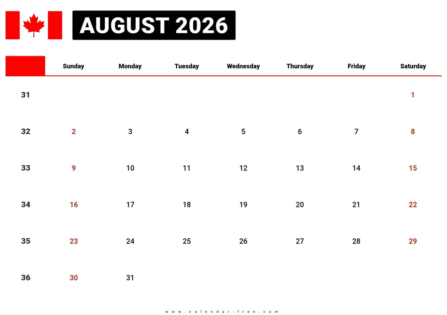 August 2026 calendar Canada with Holidays