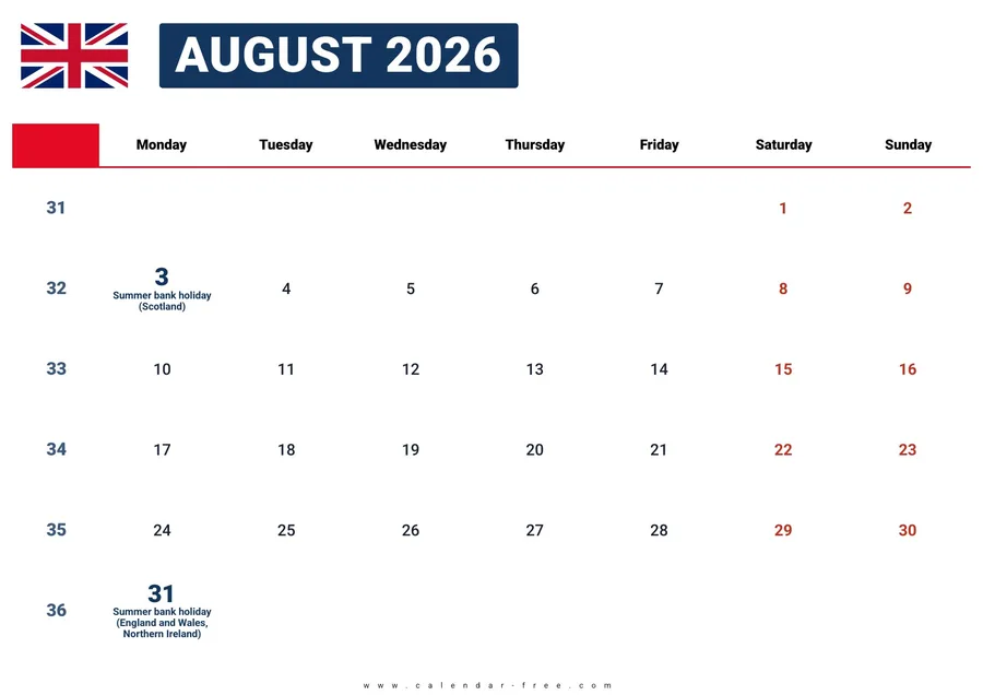 August 2026 calendar UK with bank holidays
