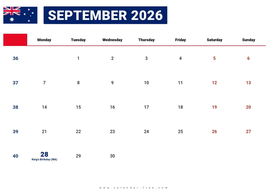 September 2026 calendar Australia with public holidays