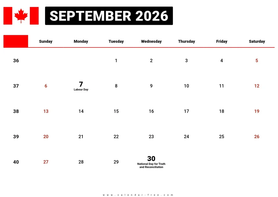 September 2026 calendar Canada with holidays