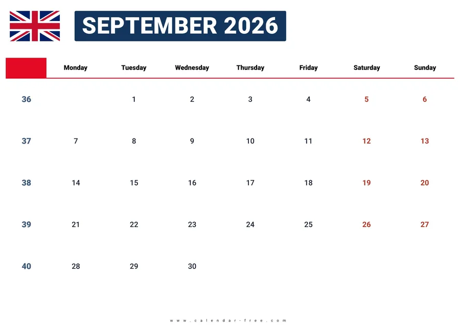 September 2026 calendar UK with bank holidays