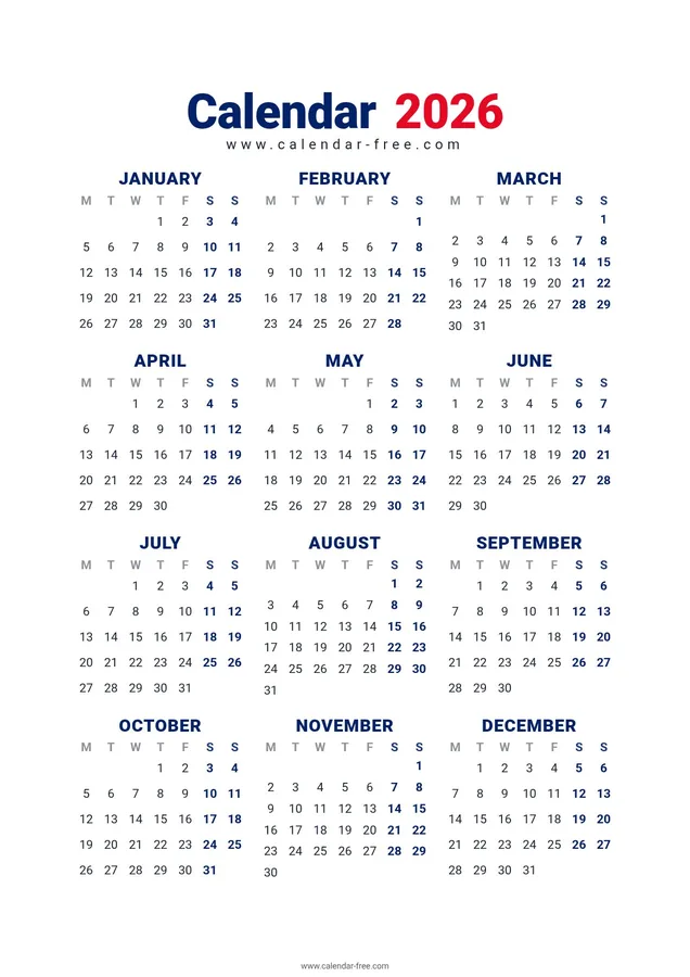 Blank 2026 calendar Australia printable, simple template