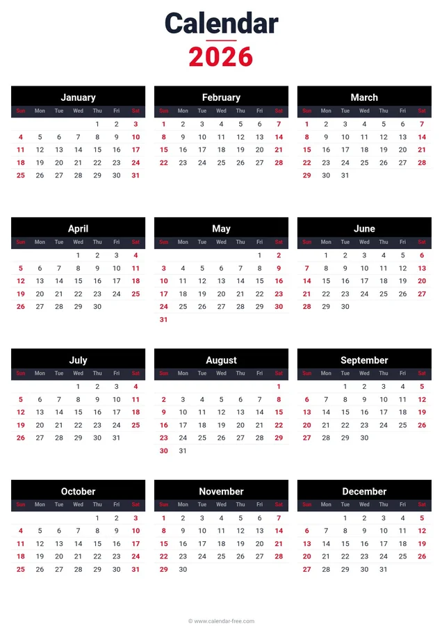 Blank 2026 calendar Canada printable, simple template