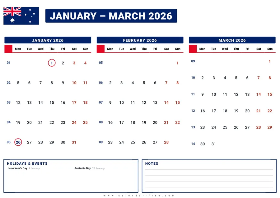 3 month calendar 2026 January to March with Australian public holidays