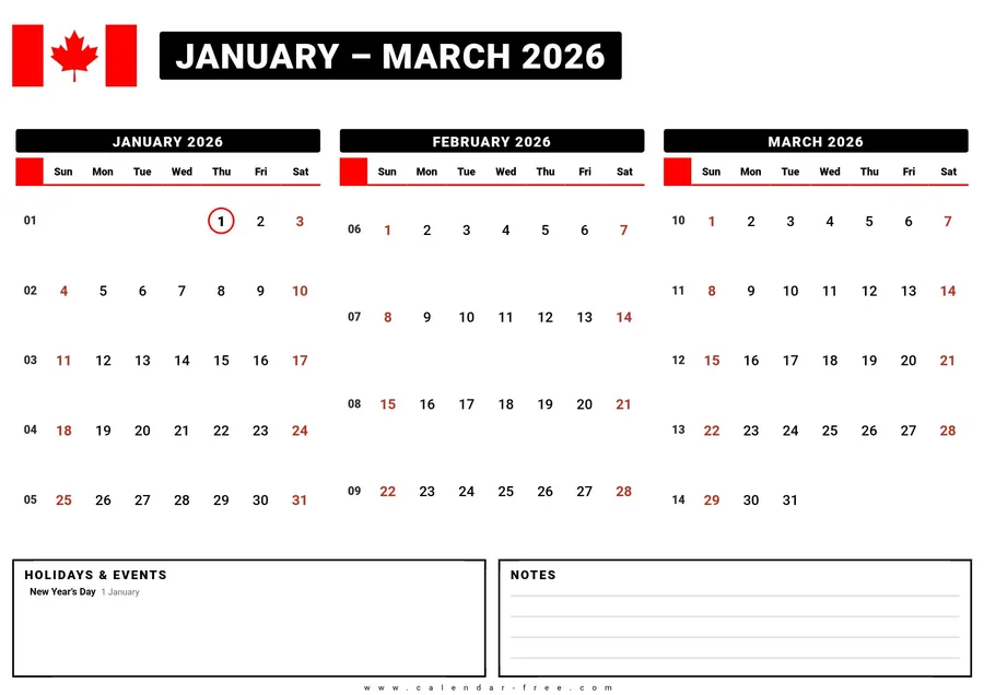 3 month calendar 2026 January to March with Canadian holidays