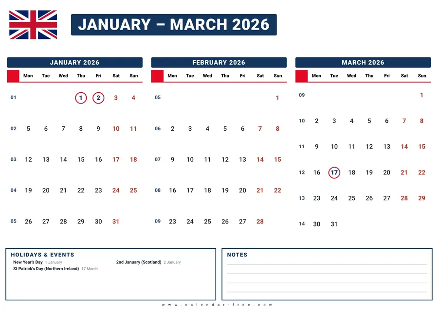 3 month calendar 2026 January to March with UK bank holidays