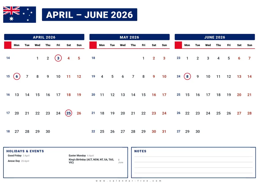 3 month calendar 2026 April to June with Australian public holidays