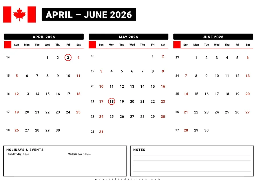 3 month calendar 2026 April May June with Canadian stat holidays