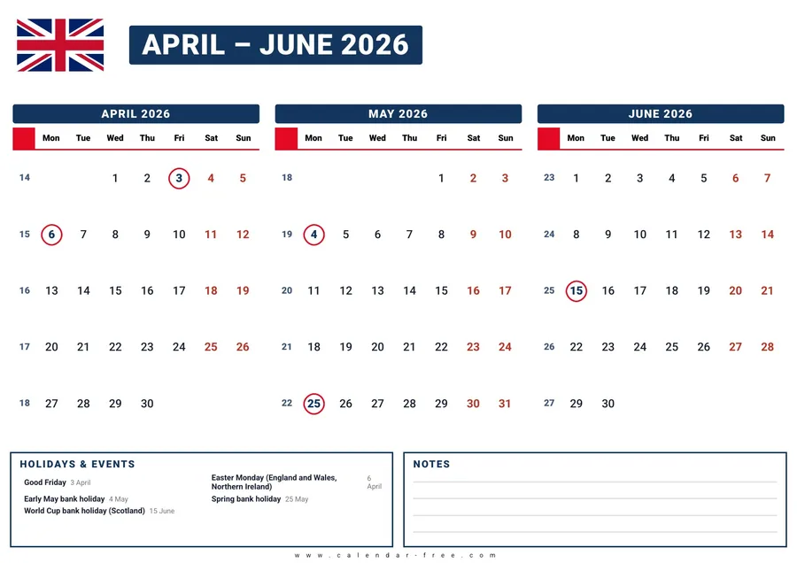 3 month calendar 2026 April to June with UK bank holidays