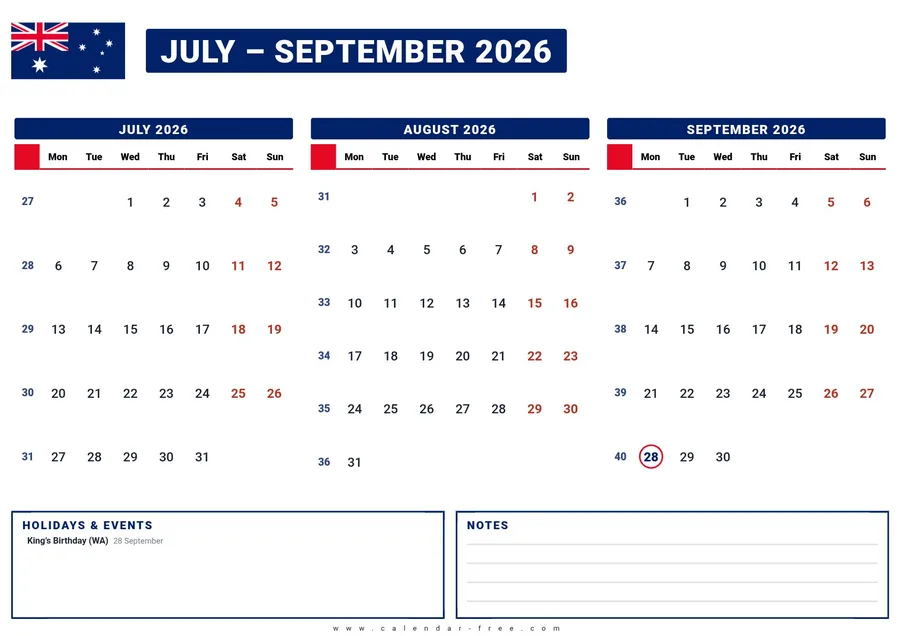 3 month calendar 2026 July to September with Australian public holidays