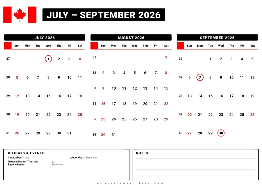 3 month calendar 2026 July to September with Canadian holidays