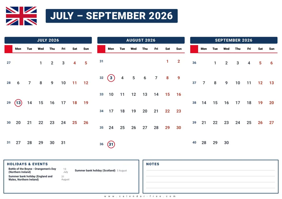 3 month calendar 2026 July to September with UK bank holidays