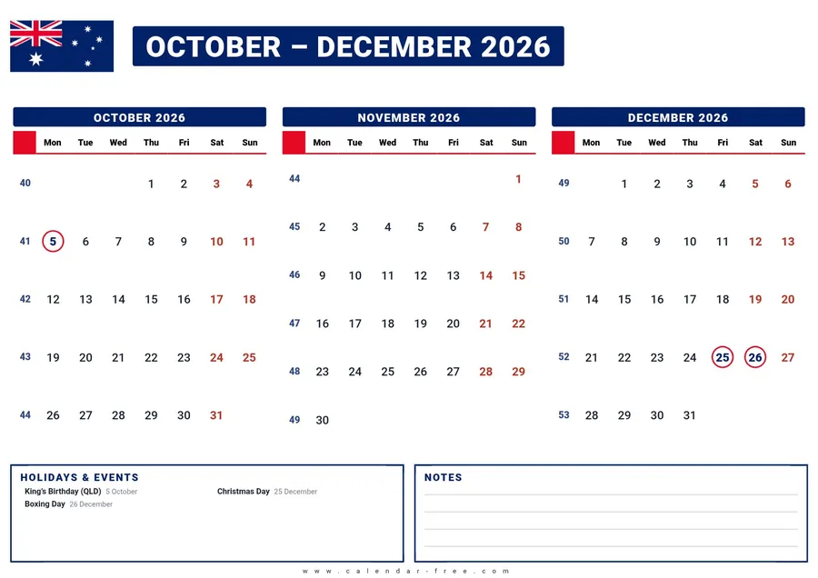 3 month calendar 2026 October to December with Australian public holidays