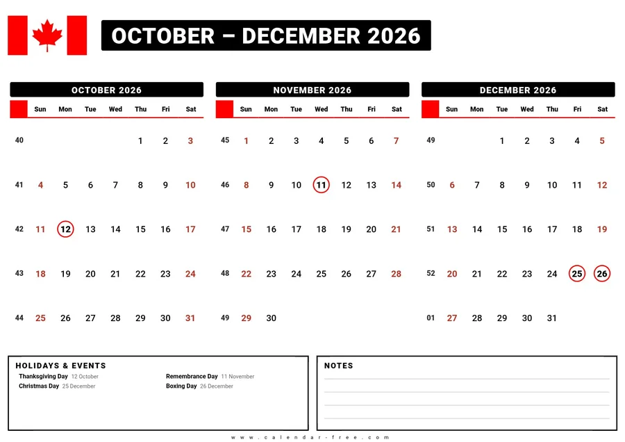 3 month calendar 2026 October to December with Canadian holidays