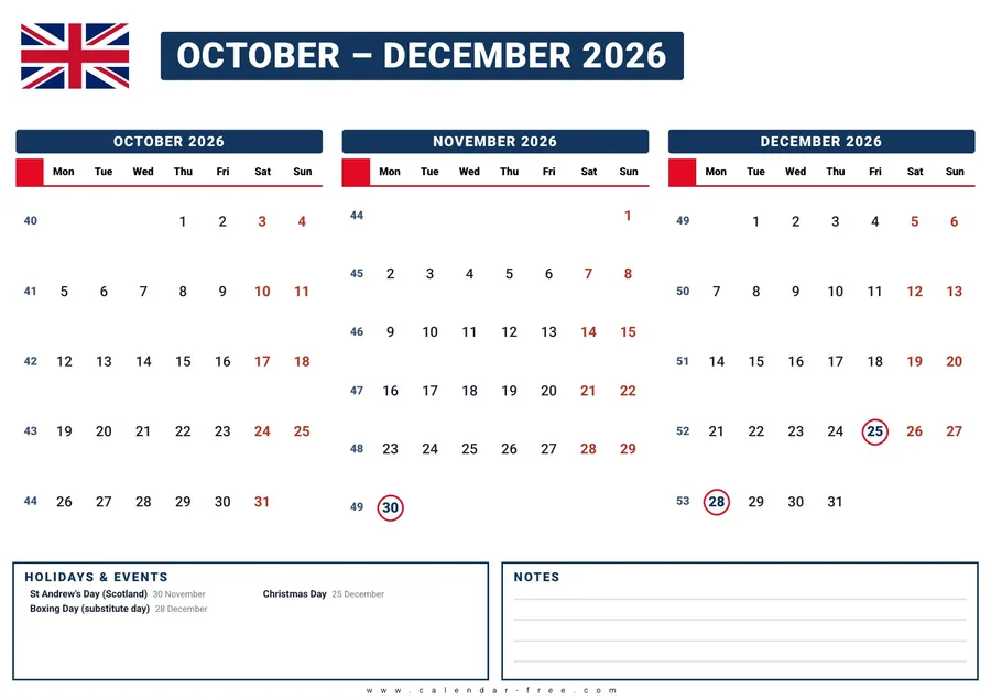 3 month calendar 2026 October to December with UK bank holidays